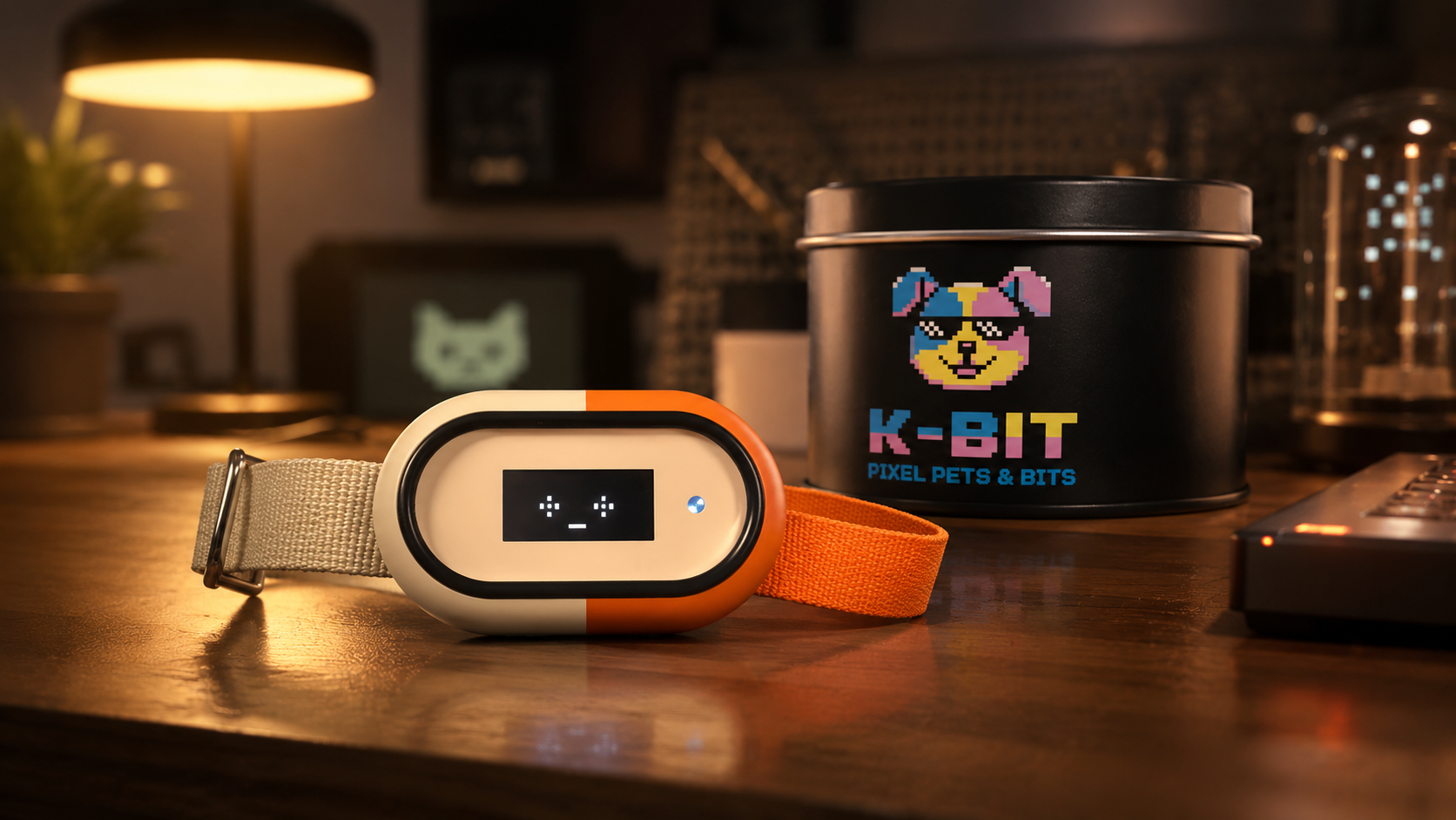 K-BIT companion hardware shown with branded packaging in a warm studio environment.