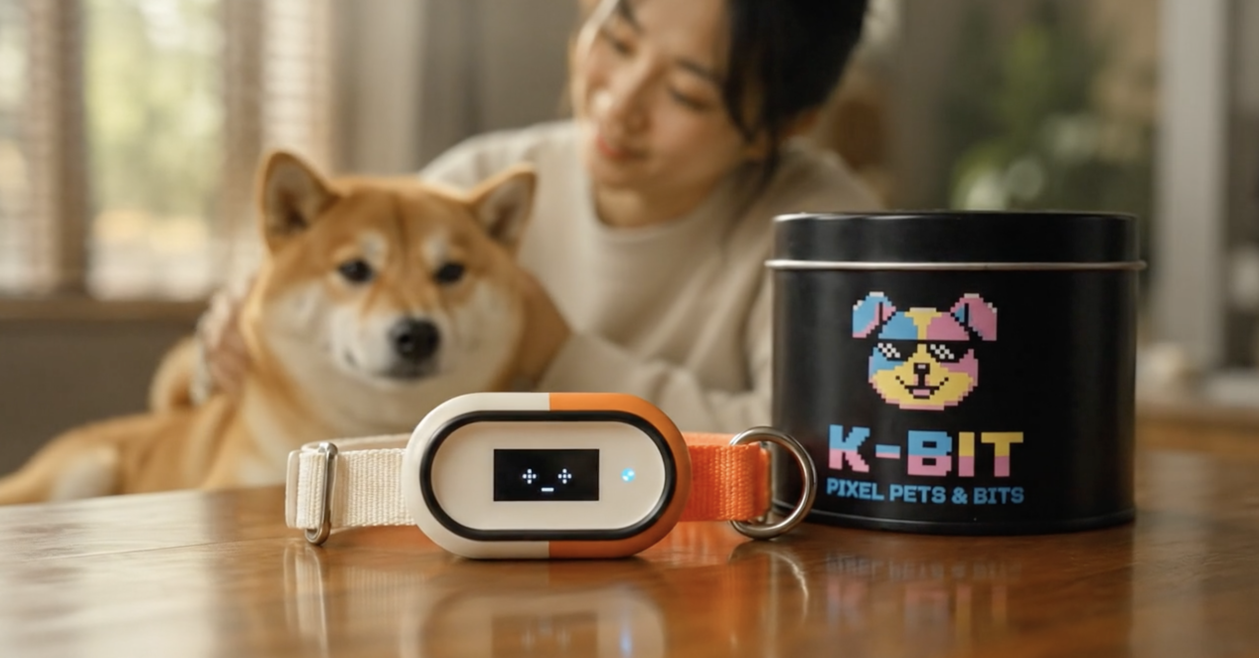 A real dog and owner with the K-BIT companion device in the foreground.